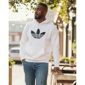 Men's Adidas Trefoil Athletic Hoodie Hooded Sweatshirt White Black Logo Small